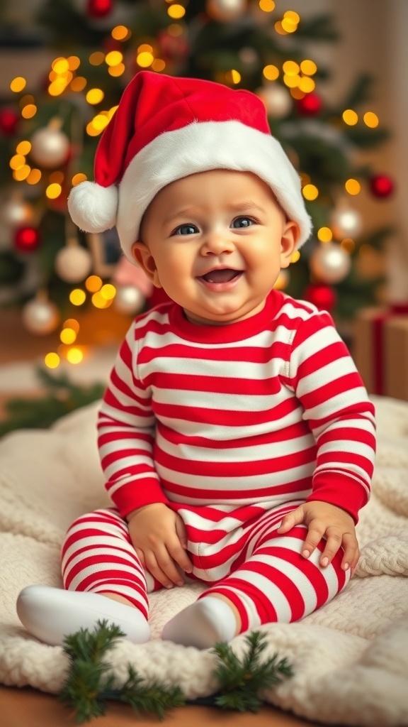 Christmas Outfit Ideas for 4-Month-Old Babies A joyful baby in a Santa-themed outfit sitting on a blanket with Christmas decorations.